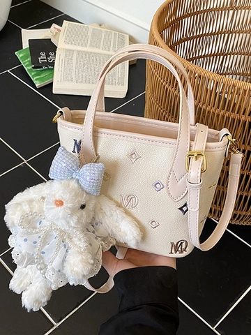 Women Cute Embossed Bucket Bag PU Leather Crossbody Bag Fashion Shoulder Handbag With Plush Rabbit Pendant Daily Purse