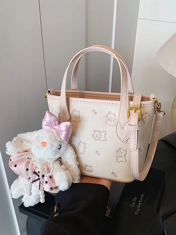 Women Cute Embossed Bucket Bag PU Leather Crossbody Bag Fashion Shoulder Handbag With Plush Rabbit Pendant Daily Purse