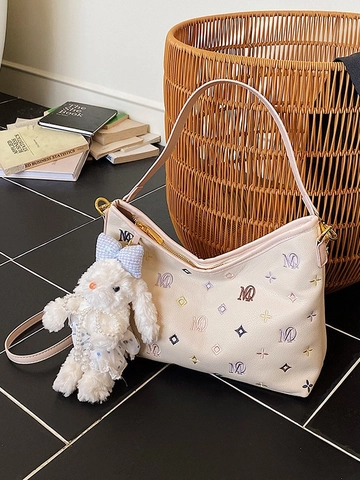 Borsa a Spalla in Pelle PU Moda Donna Con Ciondolo a Coniglio in Peluche Goffrata Cartone Animato Orso Gatto Hobo Sottobraccio