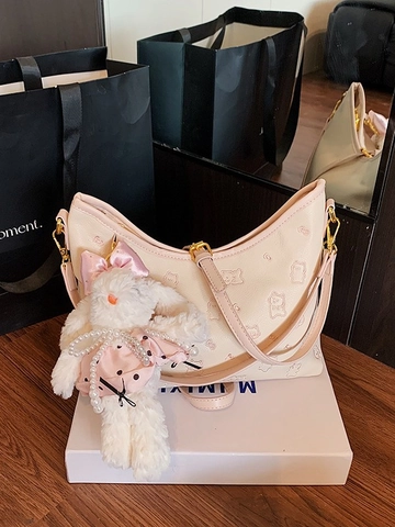 Borsa a Spalla in Pelle PU Moda Donna Con Ciondolo a Coniglio in Peluche Goffrata Cartone Animato Orso Gatto Hobo Sottobraccio