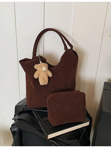 Large Capacity Suede Tote Bag Set With Plush Bear Pendant Retro Shoulder Bag Composite Shopping Bag Casual Commuter Handbag