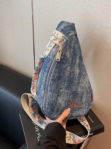Women Denim Chest Bag With Floral Embroidered Wide Strap Vintage Washed Crossbody Shoulder Bag Casual Travel Sling Bag