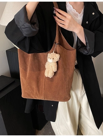 Large Capacity Suede Tote Bag Set With Plush Bear Pendant Retro Shoulder Bag Composite Shopping Bag Casual Commuter Handbag