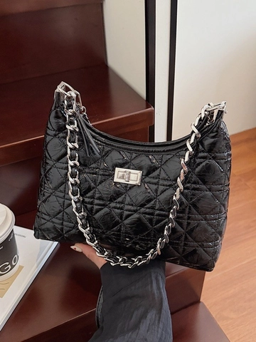 Women Quilted Chain Bucket Bag Fashion Glossy PU Leather Crossbody Bag Minimalist Commuter Shoulder Bag For Daily Use Lady