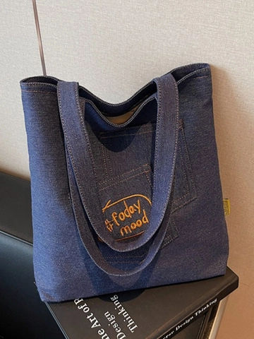 Women Large Capacity Canvas Tote Bag Embroidery Letter Design Casual Shoulder Bag Denim Style Handbag For Student Daily Commuting