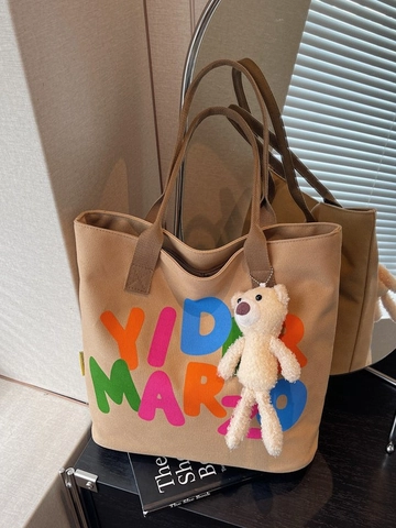 Borsa Tote da Donna in Tela alla Moda Grande Capacità Stampa di Lettere Borsa a Tracolla Stile Coreano Borsa a Mano per Pendolari Con Ciondolo a Forma di Orso
