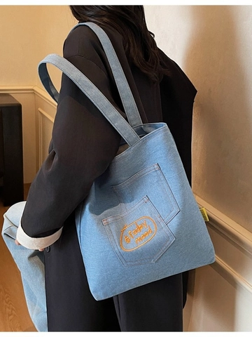 Women Large Capacity Canvas Tote Bag Embroidery Letter Design Casual Shoulder Bag Denim Style Handbag For Student Daily Commuting