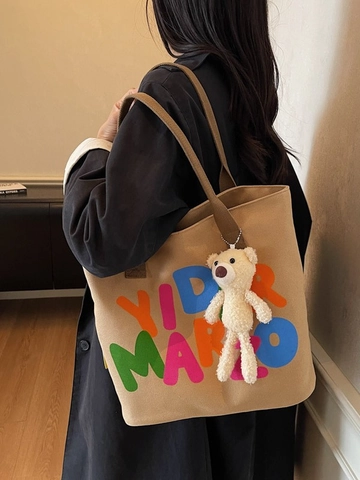 Borsa Tote da Donna in Tela alla Moda Grande Capacità Stampa di Lettere Borsa a Tracolla Stile Coreano Borsa a Mano per Pendolari Con Ciondolo a Forma di Orso