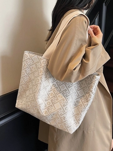 Women Fashion PU Leather Geometric Monogram Tote Bag Large Capacity Casual Shoulder Bag Commute Handbag Daily Use Shopping Bag