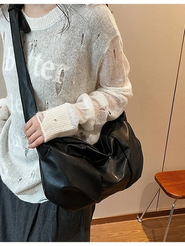 Women Fashion Soft PU Leather Slouchy Hobo Bag Large Capacity Pleated Crossbody Bag With Knot Strap Vintage Shoulder Bag