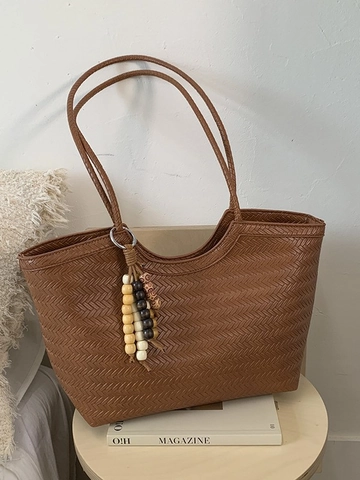 Women Large Capacity Woven Tote Bag PU Leather Solid Color Fashion Shoulder Bag With Wooden Bead Tassel Commute Handbag
