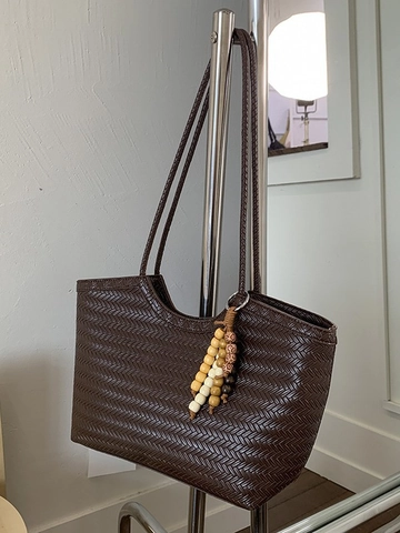 Women Large Capacity Woven Tote Bag PU Leather Solid Color Fashion Shoulder Bag With Wooden Bead Tassel Commute Handbag