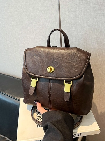 Women Vintage PU Leather Backpack Retro Solid Color Shoulder Bag With Gold Hardware Fashion Daily Work Commute Office Backpack