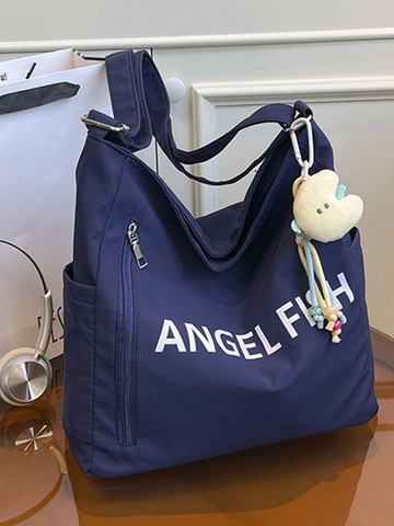 Large Capacity Canvas Tote Bag Angel Fish Letter Print Shoulder Crossbody Shopping Bag For Women Casual Daily