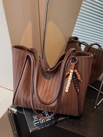 Borsa Tote da Donna Intrecciata in Pelle PU di Grande Capacità Borsa a Spalla Retrò Con Ciondolo di Perline per Scuola