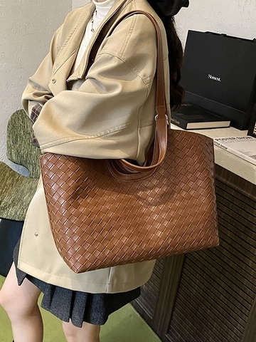 Große Kapazität Geflochtene PU Leder Tragetasche Für Damen Vintage Intrecciato Muster Schultertasche Pendler Mode Handtasche