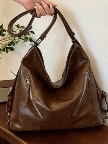Women Large Capacity Retro PU Leather Hobo Bag Metal Zipper Decor Multi-purpose Shoulder Tote Bag Casual Commuting Handbag