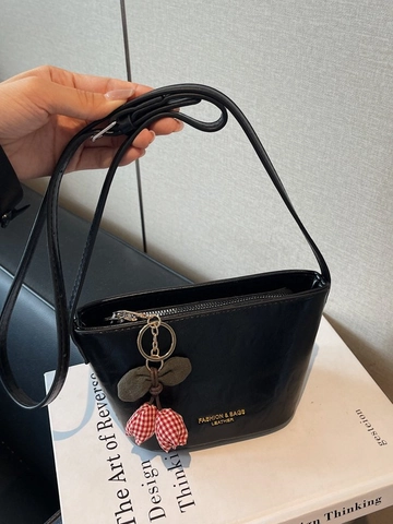 Women Vintage PU Leather Bucket Crossbody Bag With Cherry Pendant Simple Fashion Solid Color Small Shoulder Bag For Daily