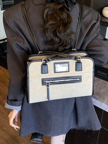 Vintage PU Leder Schultertasche Für Damen Koreanischer Stil Kontrastnähte Große Kapazität Tragetasche Pendler Büro Tasche