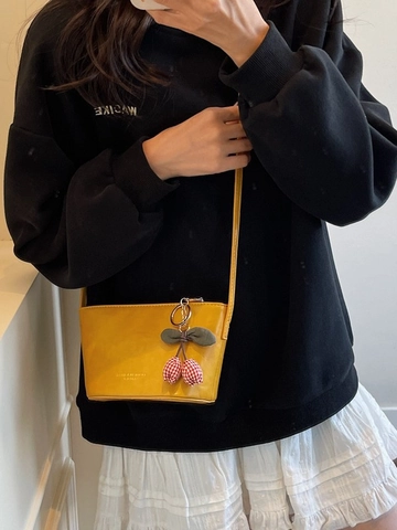 Women Vintage PU Leather Bucket Crossbody Bag With Cherry Pendant Simple Fashion Solid Color Small Shoulder Bag For Daily