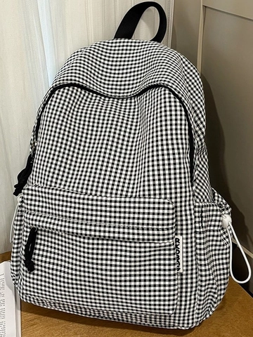 Checkered School Backpack For Girls Nylon Waterproof Gingham Rucksack Large Capacity Student Travel Bag With Plush Charm