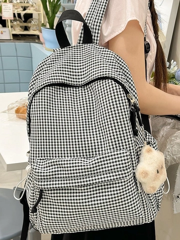 Checkered School Backpack For Girls Nylon Waterproof Gingham Rucksack Large Capacity Student Travel Bag With Plush Charm
