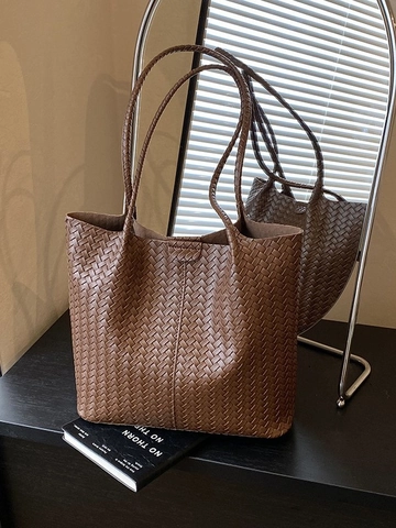 Vintage Große Kapazität Gewebte Tote Bag Für Damen PU Leder Geflochtene Umhängetasche Mode Pendler Büro Einkaufstasche