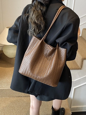 Vintage Große Kapazität Gewebte Tote Bag Für Damen PU Leder Geflochtene Umhängetasche Mode Pendler Büro Einkaufstasche