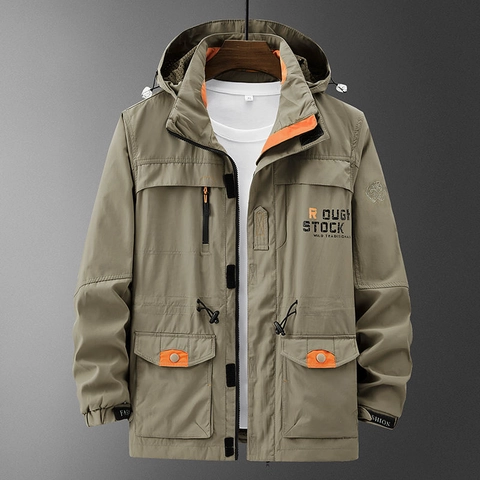 Herren Outdoor Cargo Kapuzenjacke Windbreaker Kontrastfutter Multi-Pocket Lässiger Lockerer Herbst Leichtgewicht Mantel Top