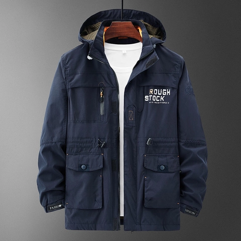 Herren Outdoor Cargo Kapuzenjacke Windbreaker Kontrastfutter Multi-Pocket Lässiger Lockerer Herbst Leichtgewicht Mantel Top