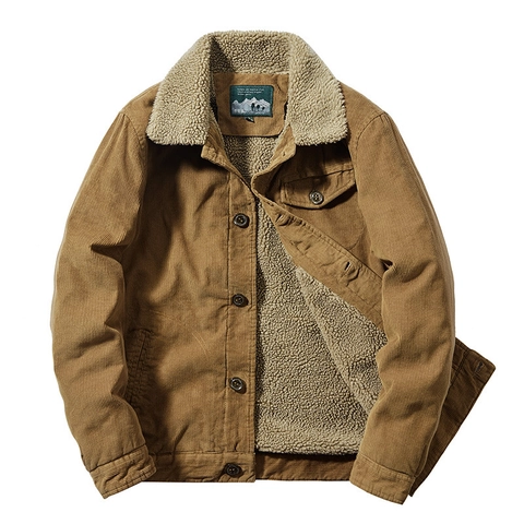 Veste en Velours Côtelé Rétro pour Hommes Doublée en Polaire Sherpa Manteau Chaud d'Hiver à Boutonnage Simple Style Casual