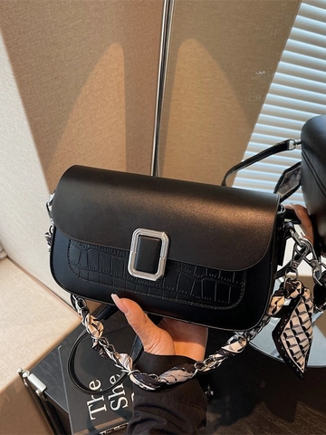 Sac Bandoulière Femme Gaufrage Crocodile Minimaliste en Cuir PU Petit Sac Carré Avec Foulard en Soie Chaîne Sac à Épaule