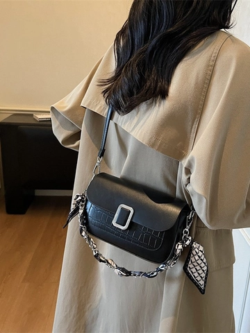 Sac Bandoulière Femme Gaufrage Crocodile Minimaliste en Cuir PU Petit Sac Carré Avec Foulard en Soie Chaîne Sac à Épaule