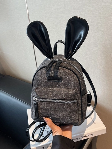 Schattige Denim Mini Rugzak Voor Dames Meisjes Konijnenoren Glitters Stippen Casual Mode Schooltas Met Rits