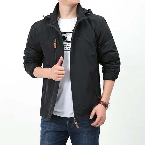 Chaqueta Cargo Cortavientos de Nailon para Hombre con Capucha Casual Cuello Alto Manga Larga Multibolsillos Tallas Grandes