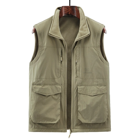 Men Reversible Fleece Lined Vest Outdoor Multi Pocket Stand Collar Warm Windproof Casual Sleeveless Jacket For Father