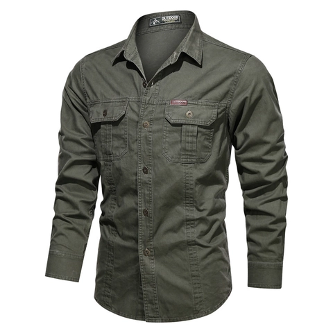 Camicia da Lavoro a Maniche Lunghe in Cotone Casual da Uomo Stile Militare Tattico All'aperto con Tasche Taglie Forti