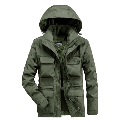 Men's Outdoor Cargo Hooded Jacket Windproof Breathable Nylon Work Coat With Multi-Pockets Functional Casual Lightweight Outerwear