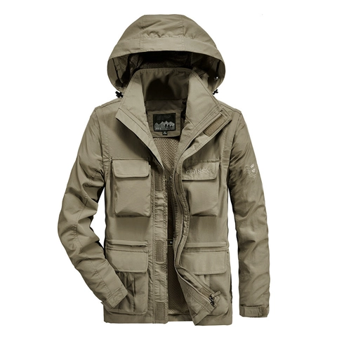 Men's Outdoor Cargo Hooded Jacket Windproof Breathable Nylon Work Coat With Multi-Pockets Functional Casual Lightweight Outerwear