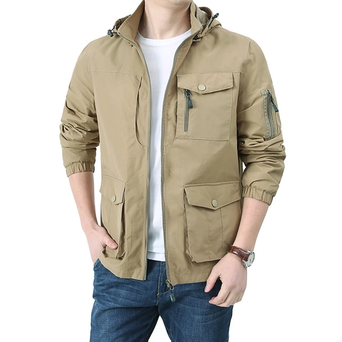 Giacca da Uomo Outdoor Con Cappuccio Antivento Multi-Tasca Stile Abbigliamento da Lavoro Taglie Forti Cappotto Casual Moda