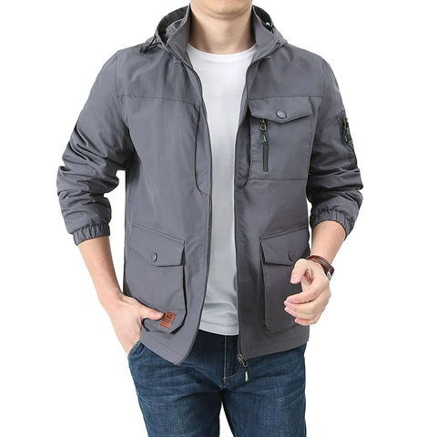 Giacca da Uomo Outdoor Con Cappuccio Antivento Multi-Tasca Stile Abbigliamento da Lavoro Taglie Forti Cappotto Casual Moda