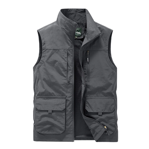 Men's Outdoor Utility Vest Casual Multi-Pocket Workwear Stand Collar Breathable Mesh Lining Fishing Photography Waistcoat