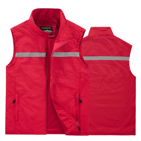 Men Outdoor Multi Pocket Vest Stand Collar Reflective Strip Work Waistcoat Mesh Lining Quick Dry Photography Fishing Casual Top