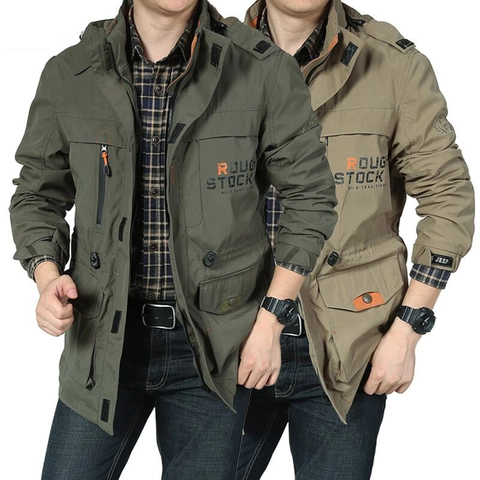 Men's Casual Outdoor Cargo Jacket Polyester Hooded Windproof Multi Pocket Work Coat Loose Fit Fashion Outerwear For Spring Autumn