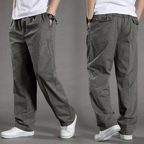 Men's Casual Cotton Cargo Pants Plus Size Loose Fit Elastic Waist Straight Leg Breathable Multi Pocket Work Trousers