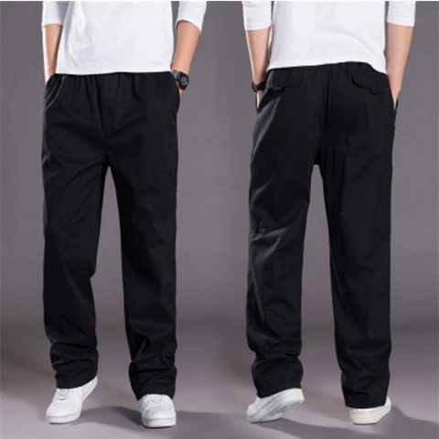 Men's Casual Cotton Cargo Pants Plus Size Loose Fit Elastic Waist Straight Leg Breathable Multi Pocket Work Trousers