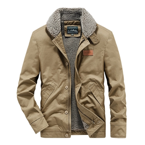 Men's Winter Heavyweight Cotton Canvas Jacket Retro Fleece Lined Warm Workwear Coat Lamb Wool Collar Multi Pockets