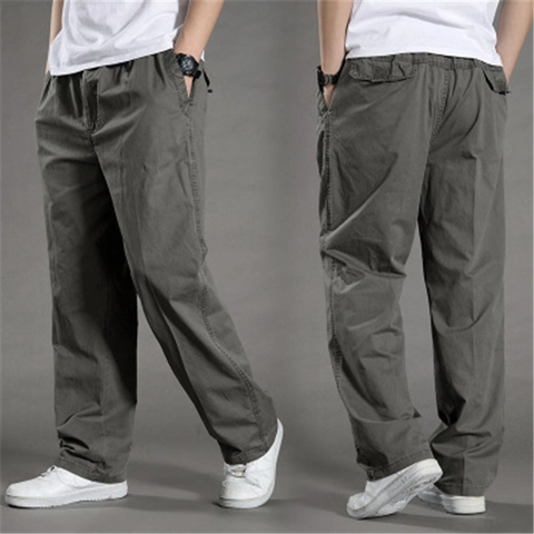 Men Casual Cargo Pants Summer Thin Straight Leg Cotton Trousers Plus Size Elastic Waist Solid Color Breathable Workwear