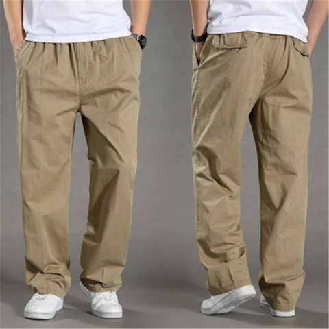 Men Casual Cargo Pants Summer Thin Straight Leg Cotton Trousers Plus Size Elastic Waist Solid Color Breathable Workwear