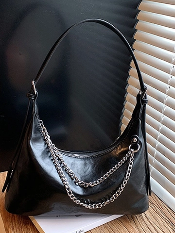Women Fashion PU Leather Hobo Bag Large Capacity Shoulder Bag With Silver Metal Chain Dumpling Crossbody Bag For Daily Commute